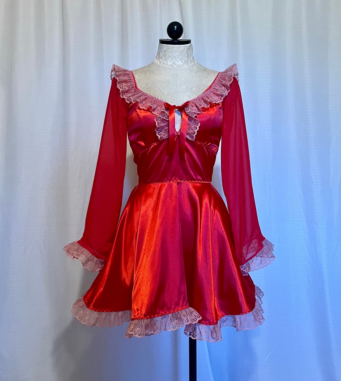 The Penelope Dress in Red with Pink Lace