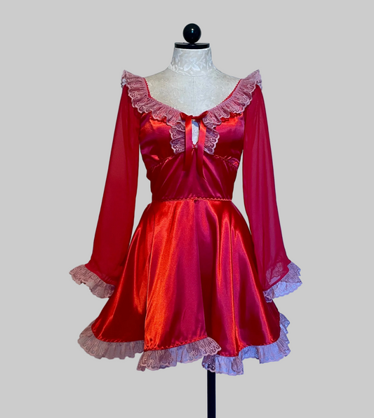 The Penelope Dress in Red with Pink Lace