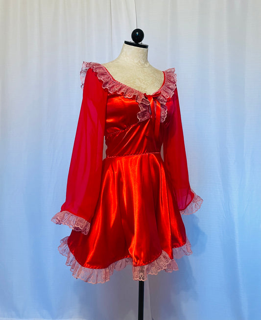 The Penelope Dress in Red with Pink Lace