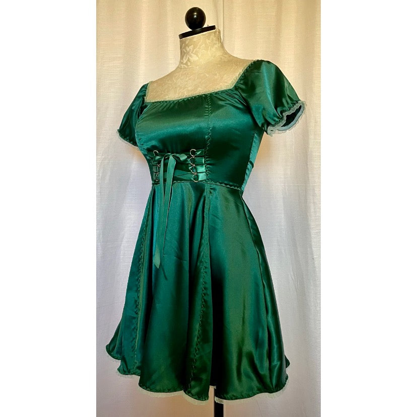 The Satin Tori Barmaid Dress in Emerald