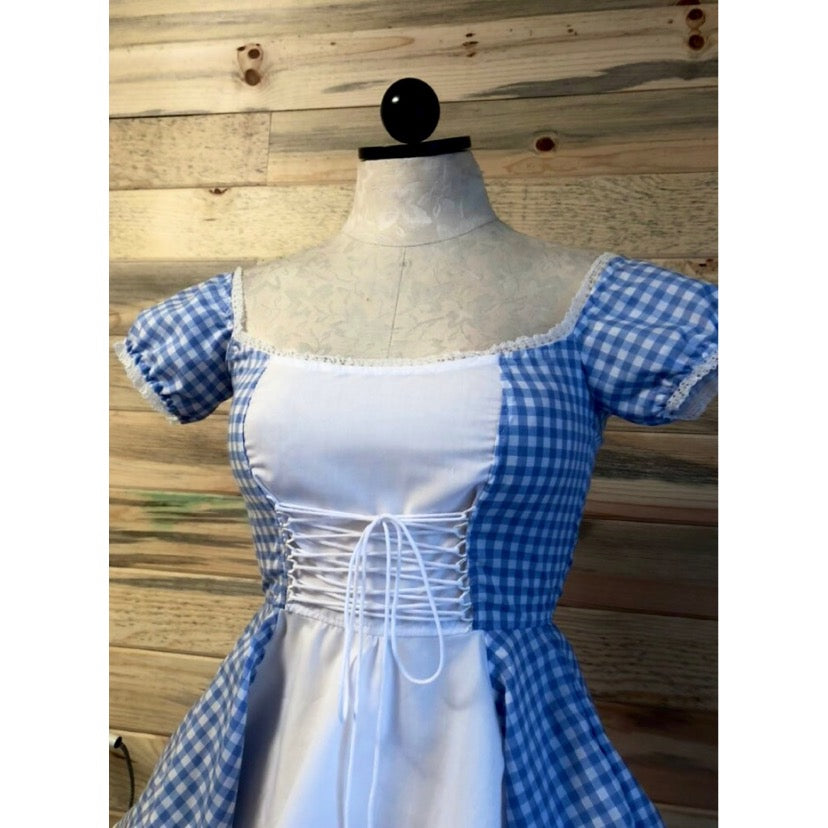 The Kate Dress in White Contrast with Blue Gingham