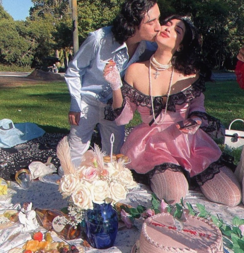 The Penelope Dress in Pink with Black Lace