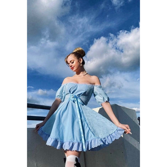 The Cotton Tori Barmaid Dress in Blue