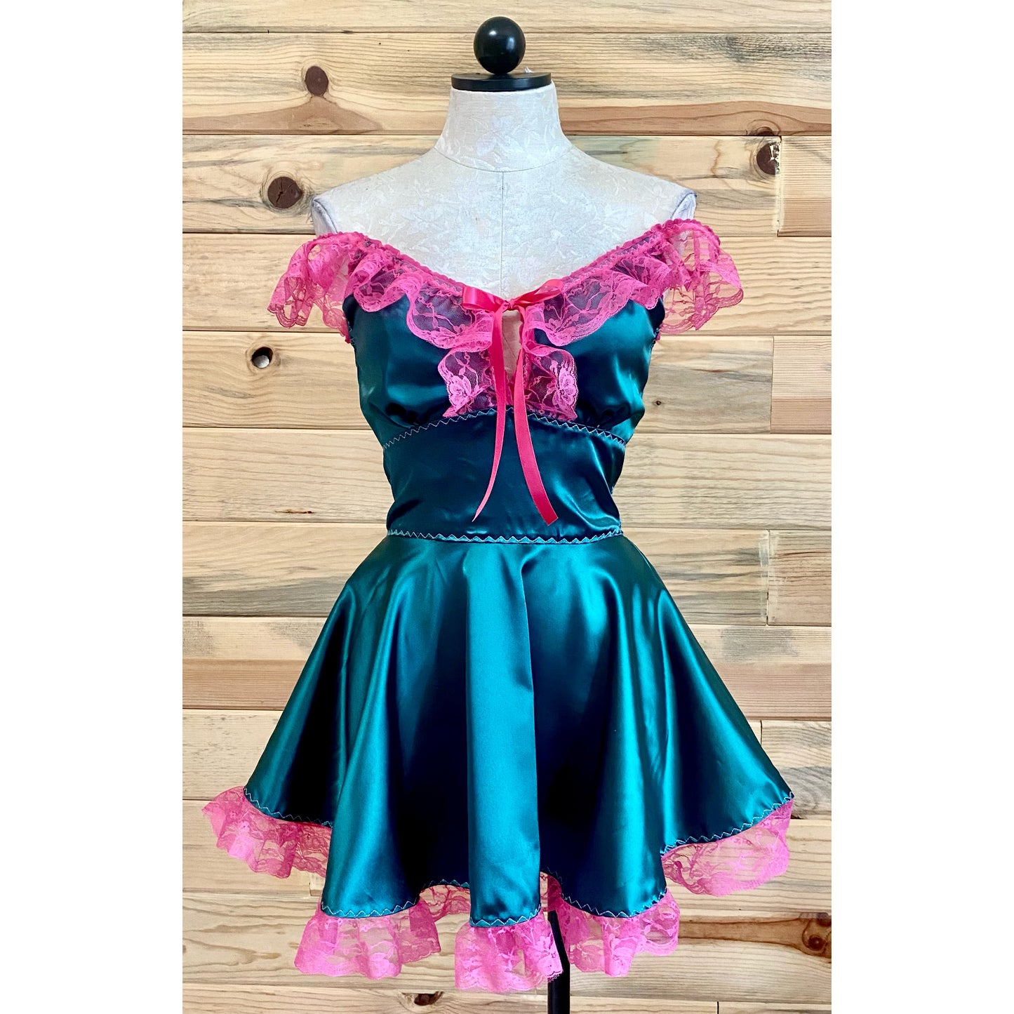 The Kathryn Dress in Teal with Fuchsia Lace