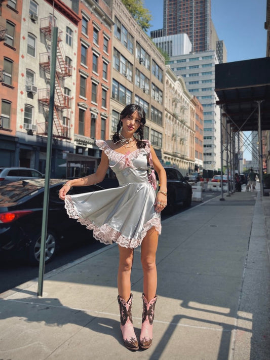 The Kathryn Dress in Silver with Pink Lace
