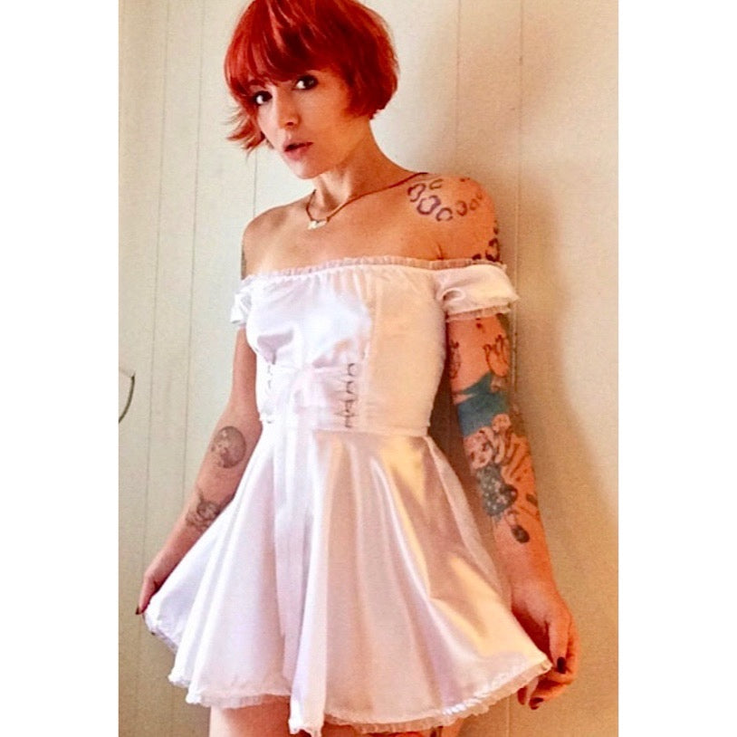 The Satin Tori Barmaid Dress in White