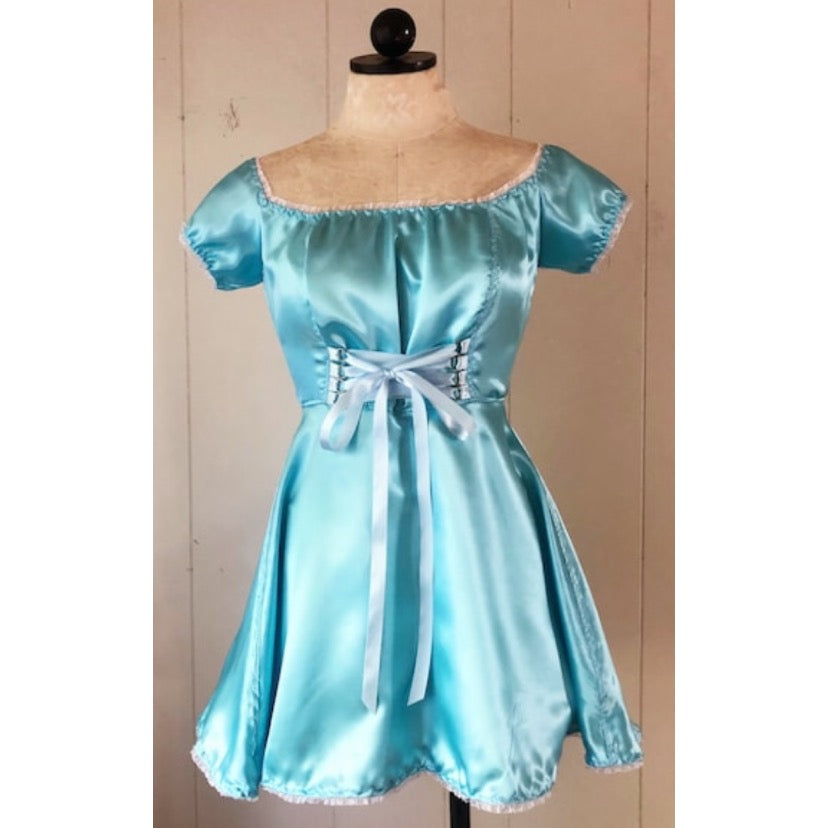 The Satin Tori Barmaid Dress in Blue Satin