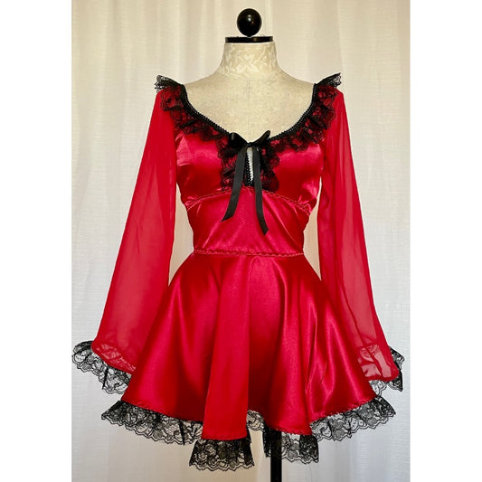 The Penelope Dress in Red with Black Lace