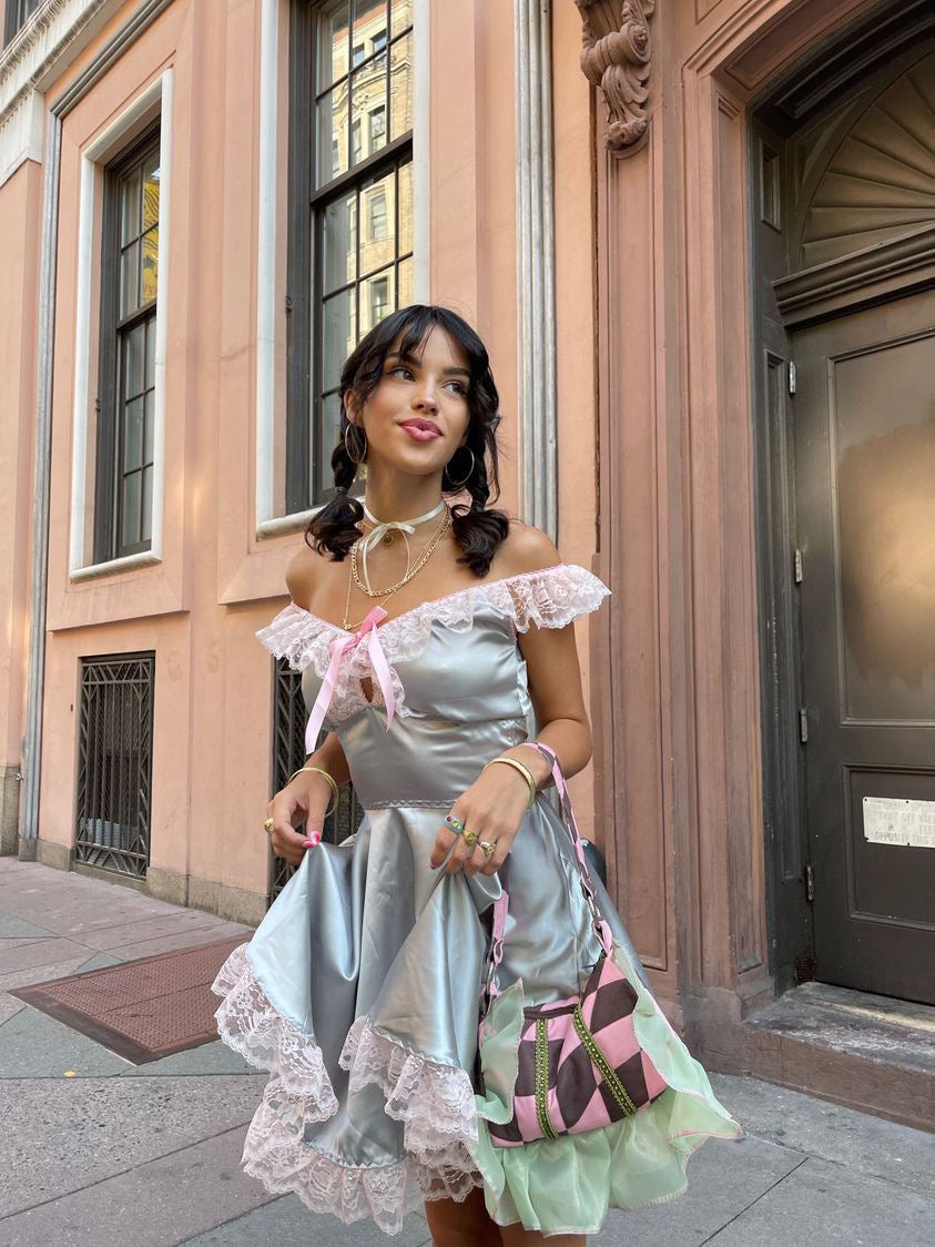 The Kathryn Dress in Silver with Pink Lace