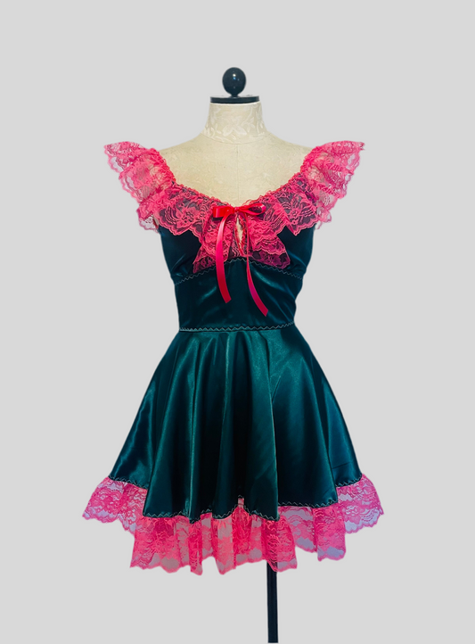 The Kathryn Dress in Teal with Fuchsia Lace