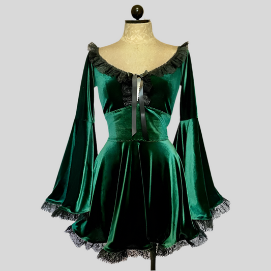 The Deidre Dress in Green Velvet with Black Lace
