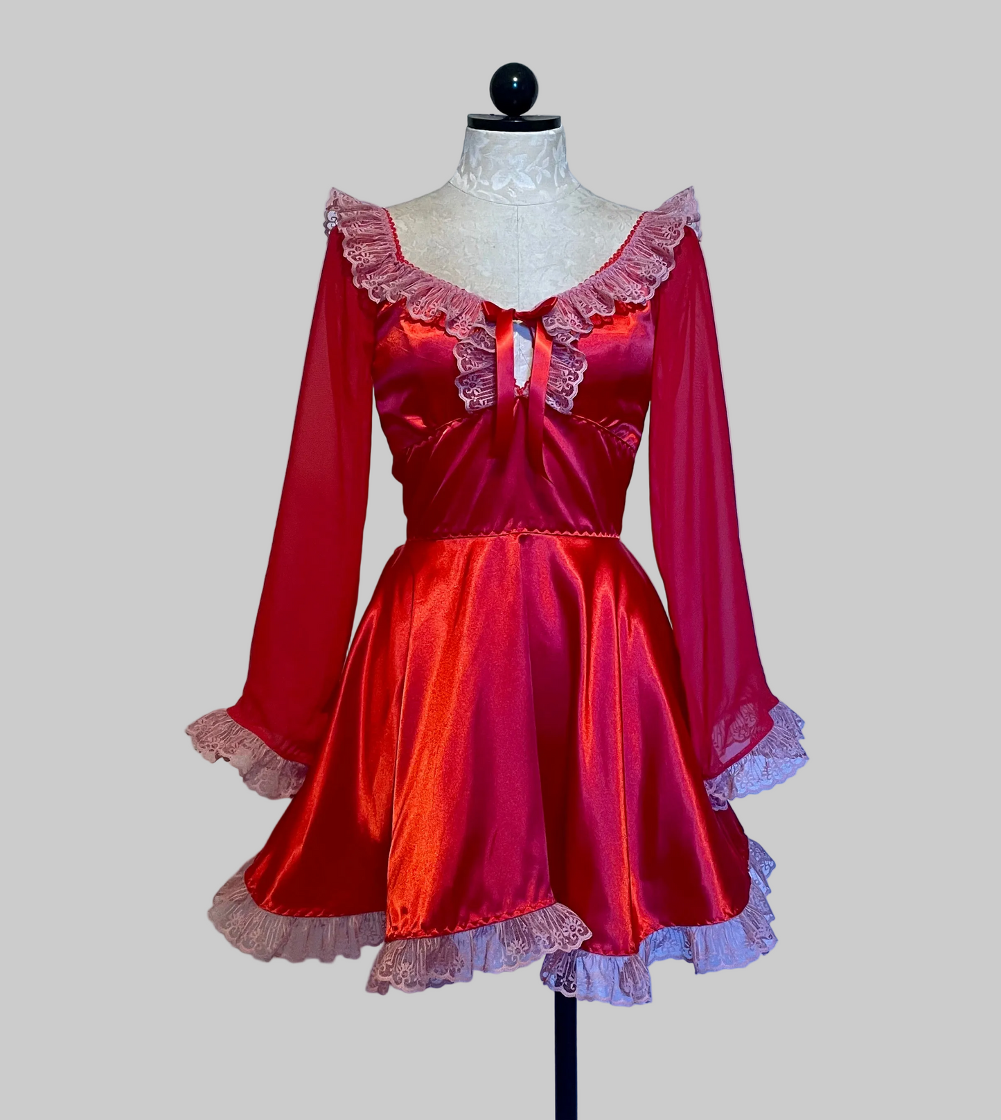 The Penelope Dress in Red with Pink Lace