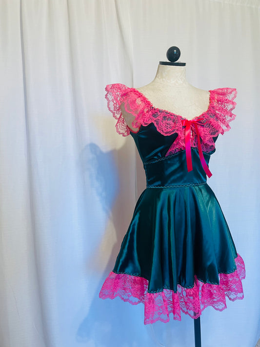 The Kathryn Dress in Teal with Fuchsia Lace