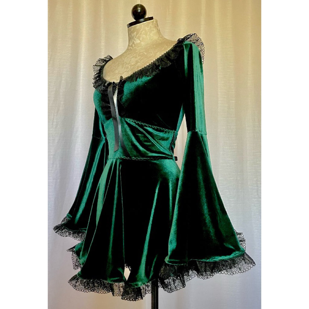 The Deidre Dress in Green Velvet with Black Lace