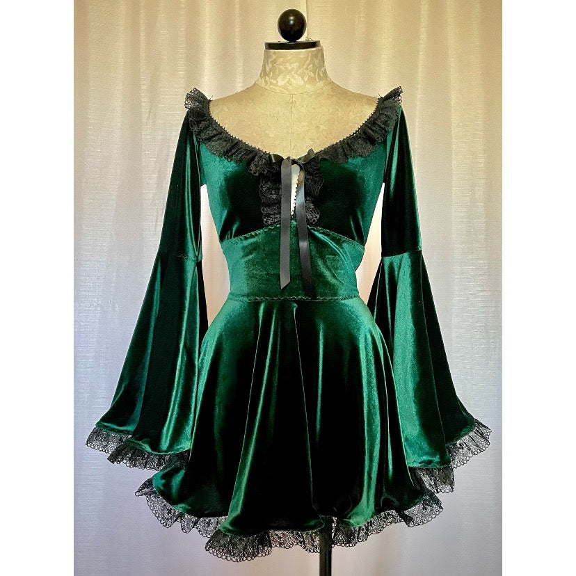The Deidre Dress in Green Velvet with Black Lace