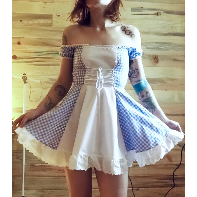 The Kate Dress in White Contrast with Blue Gingham