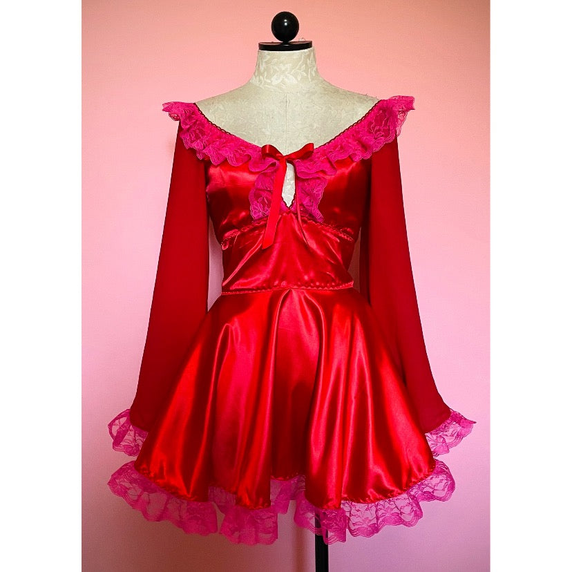 The Penelope Dress in Red with Pink Lace