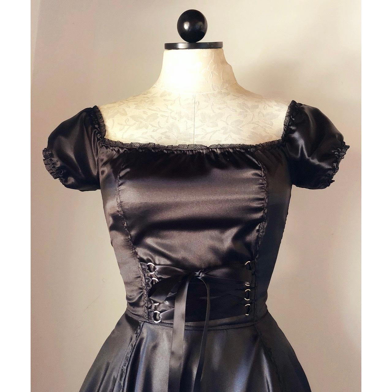 The Satin Tori Barmaid Dress in Black