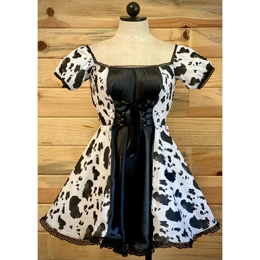 The Tori Barmaid Dress in Cow Print